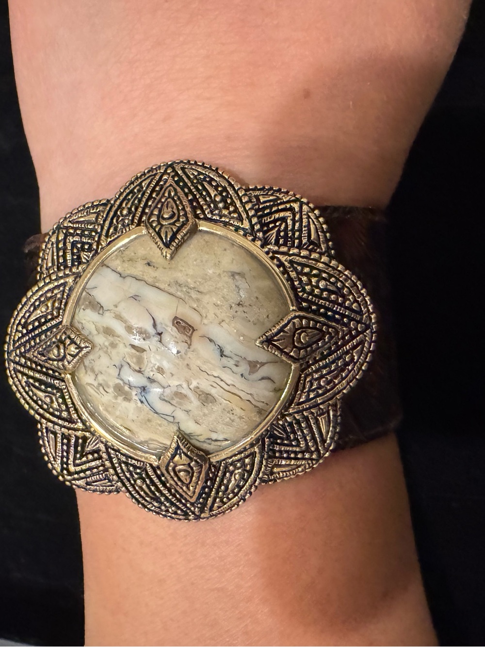 Boho Wide Brown Leather Cuff Bracelet Large Stone Cabochon Statement Western